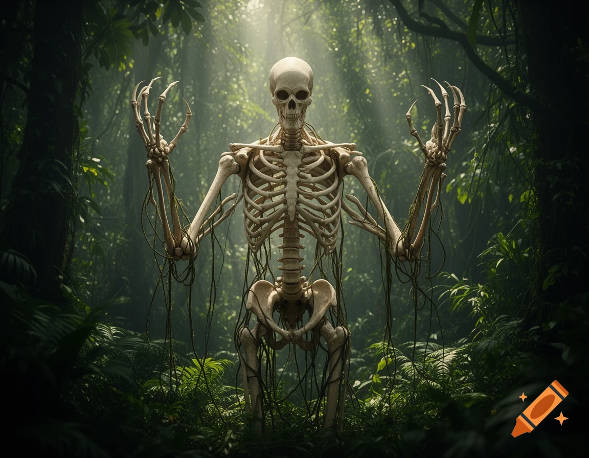 A photorealistic skeleton monster with vines wrapped around it stands in a misty, sunlit jungle with raised hands.