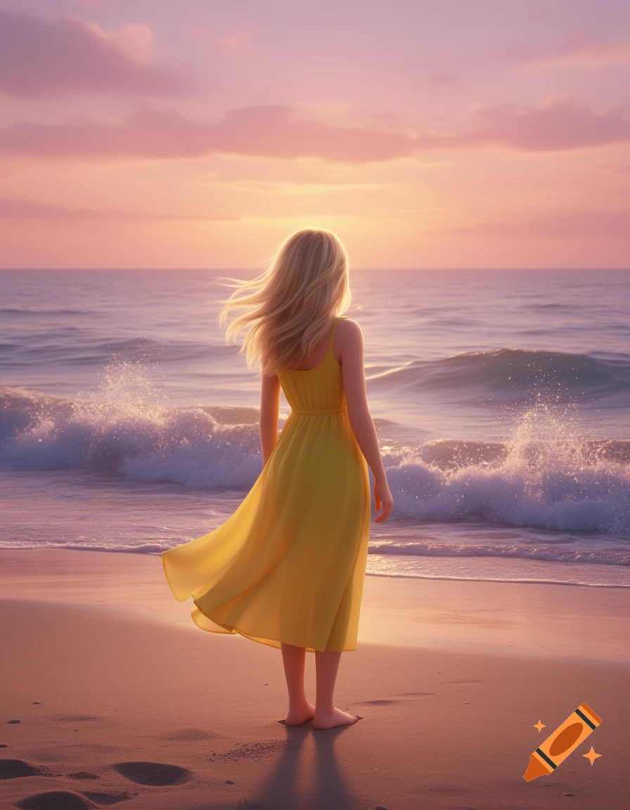 Blonde woman in a yellow dress stands on a beach, looking at the ocean waves at sunset.