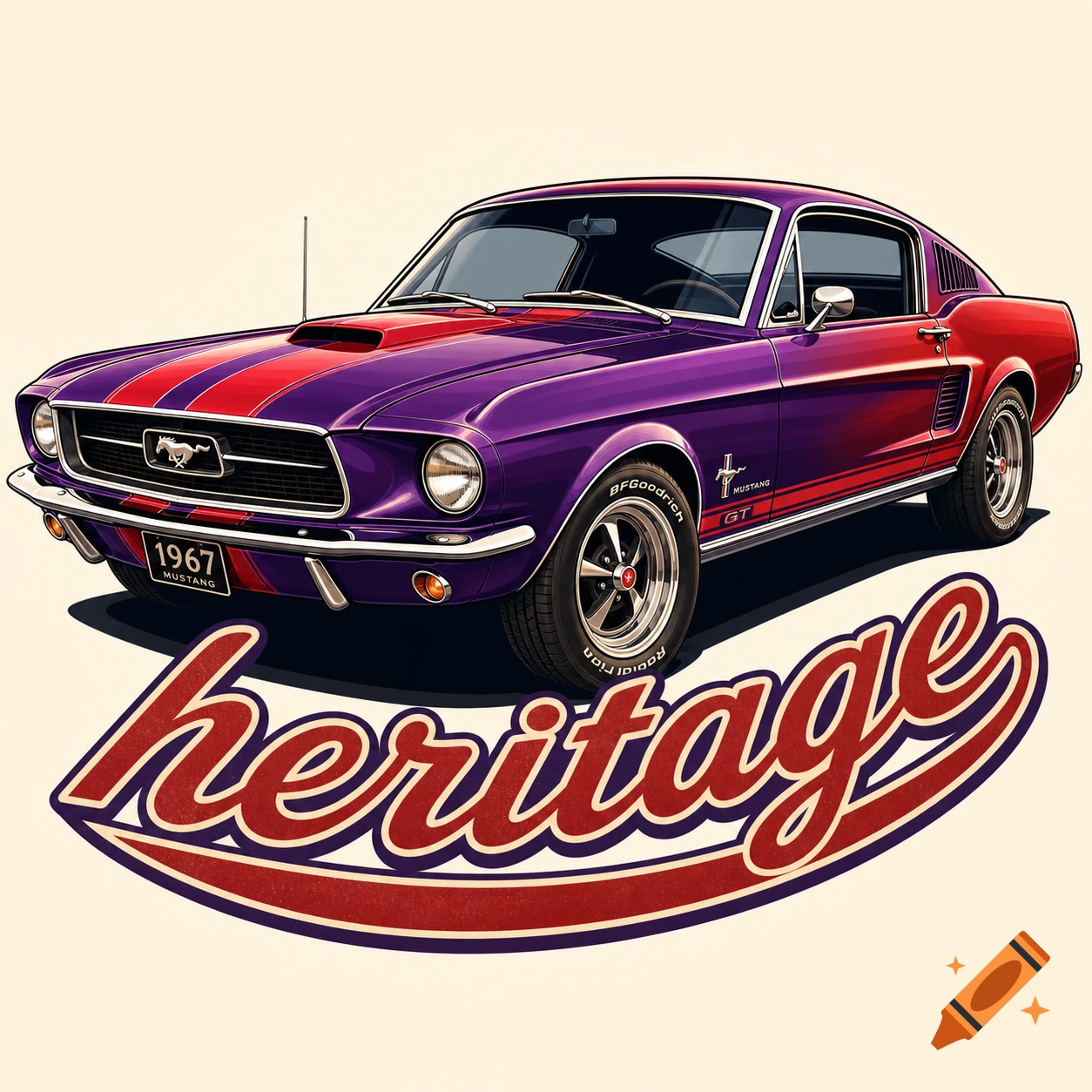 A purple and red classic Ford Mustang, clipart style, with the word "heritage" in script lettering underneath.