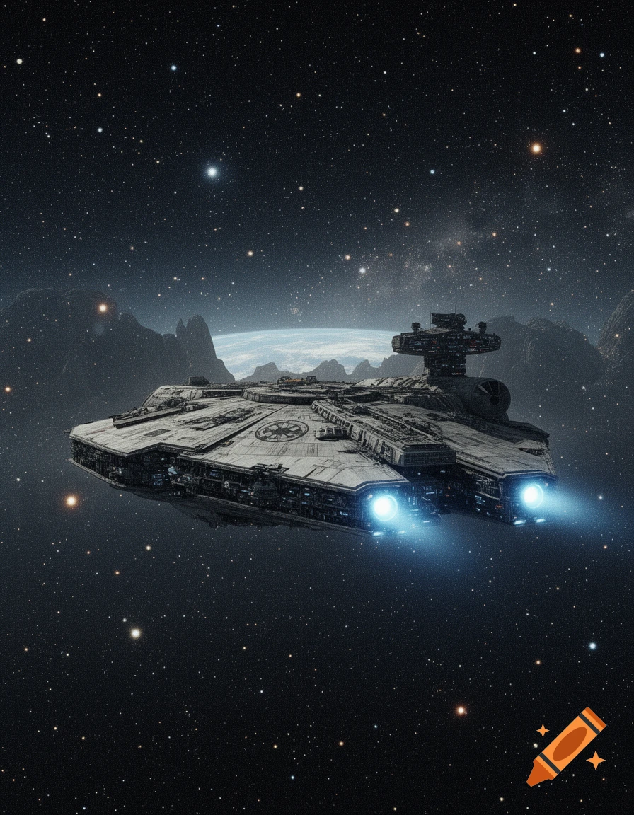 A detailed, grey Star Destroyer-like spaceship with glowing blue engines flies in space above a planet and mountains.