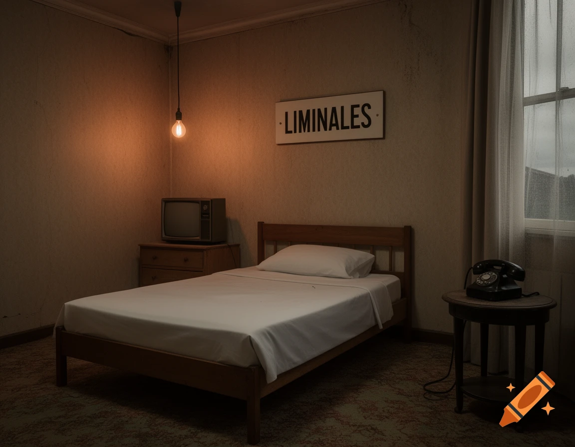 A dimly lit, unsettling hotel room with a single bed, an old TV, a rotary phone, and a sign saying LIMINALES.