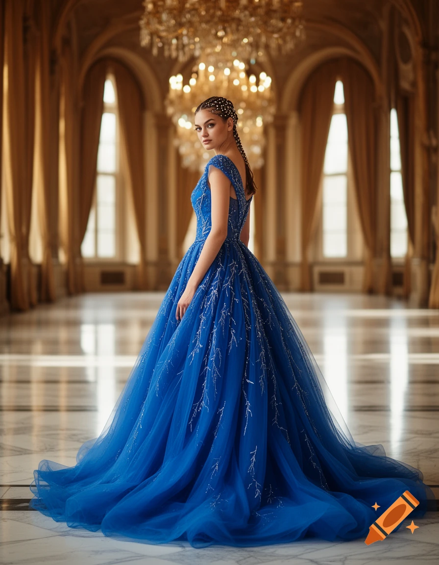 A woman in a beautiful blue ball gown with silver details poses in an elegant, chandelier-lit ballroom.