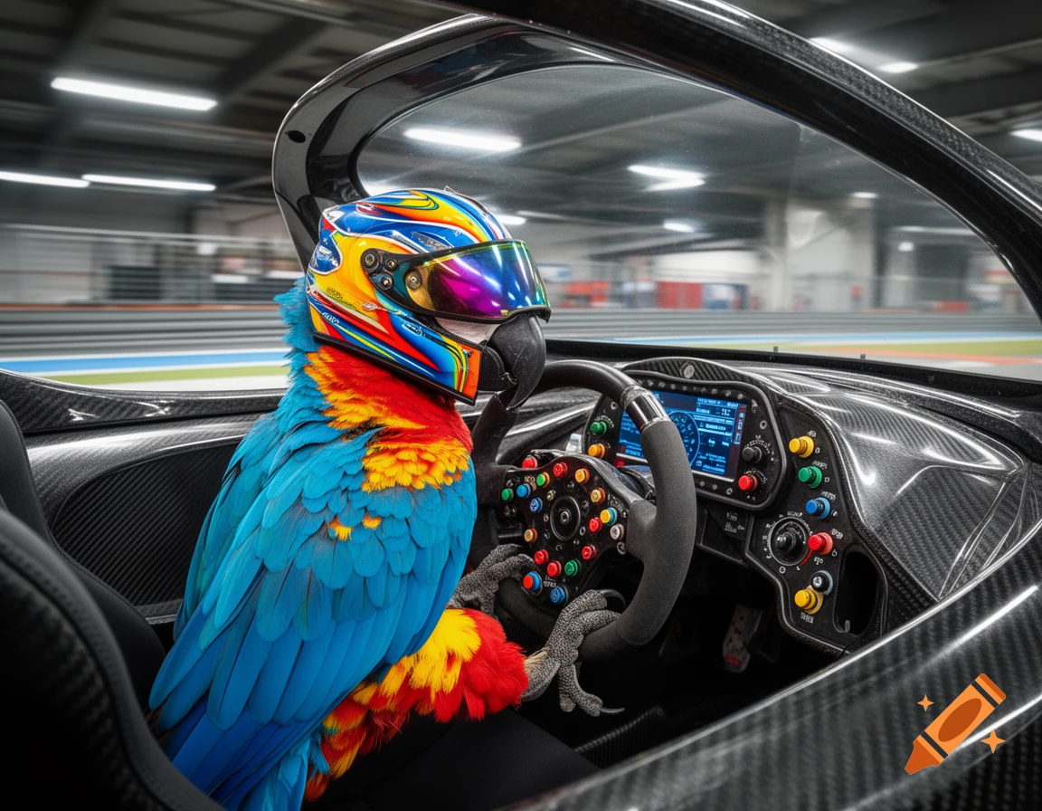 A colorful parrot wearing a racing helmet sits in the driver's seat of a sleek race car on a track.
