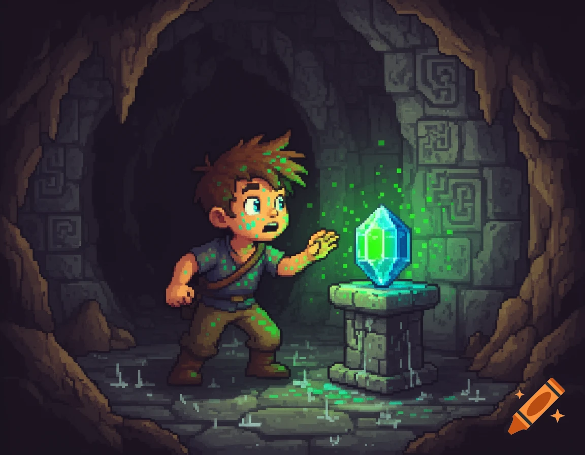 8-bit pixel art of a boy exploring a dark cave, reaching out to a glowing green and blue gem on a stone pedestal.