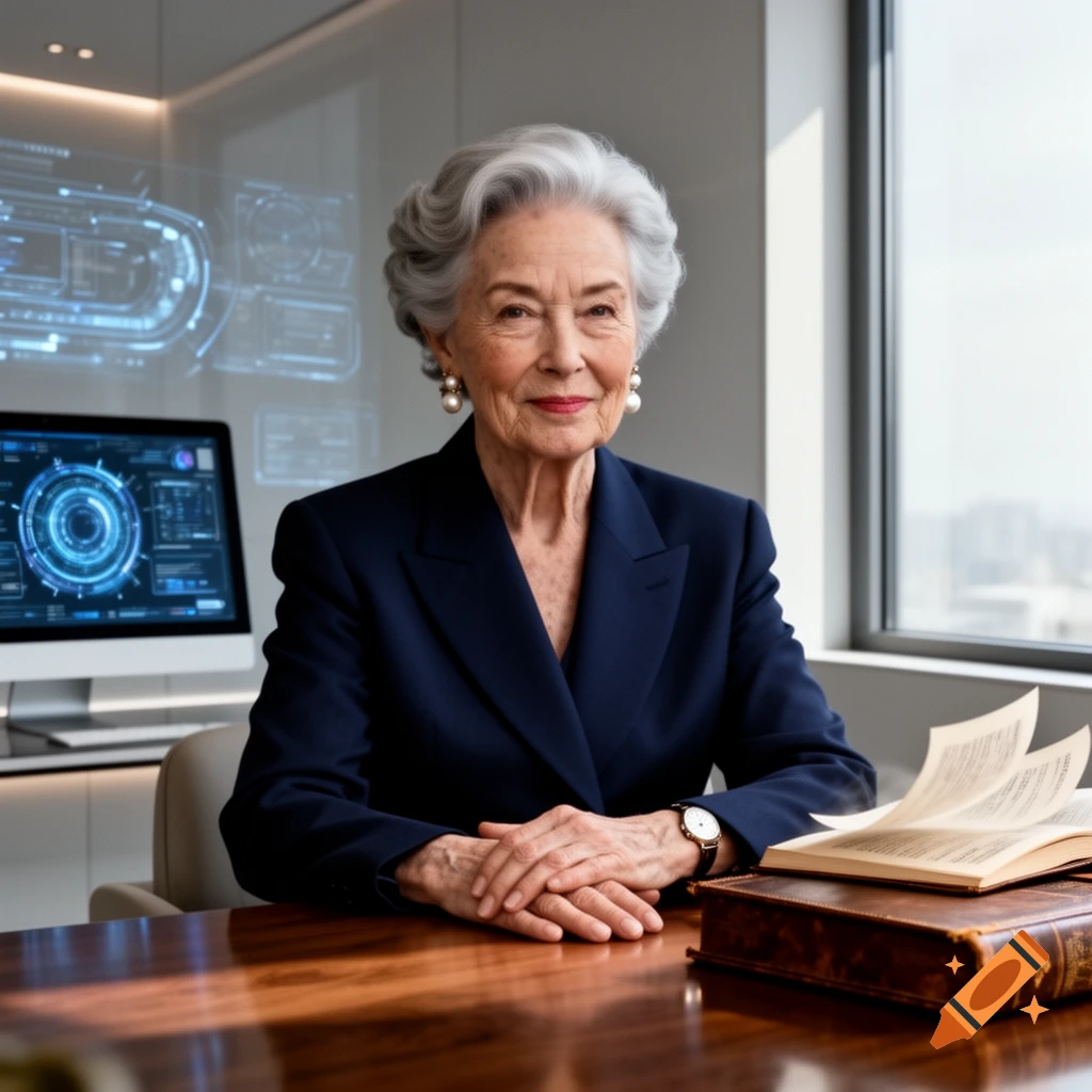 An older woman with gray hair in a navy suit sits at a desk in an office with a computer and books.