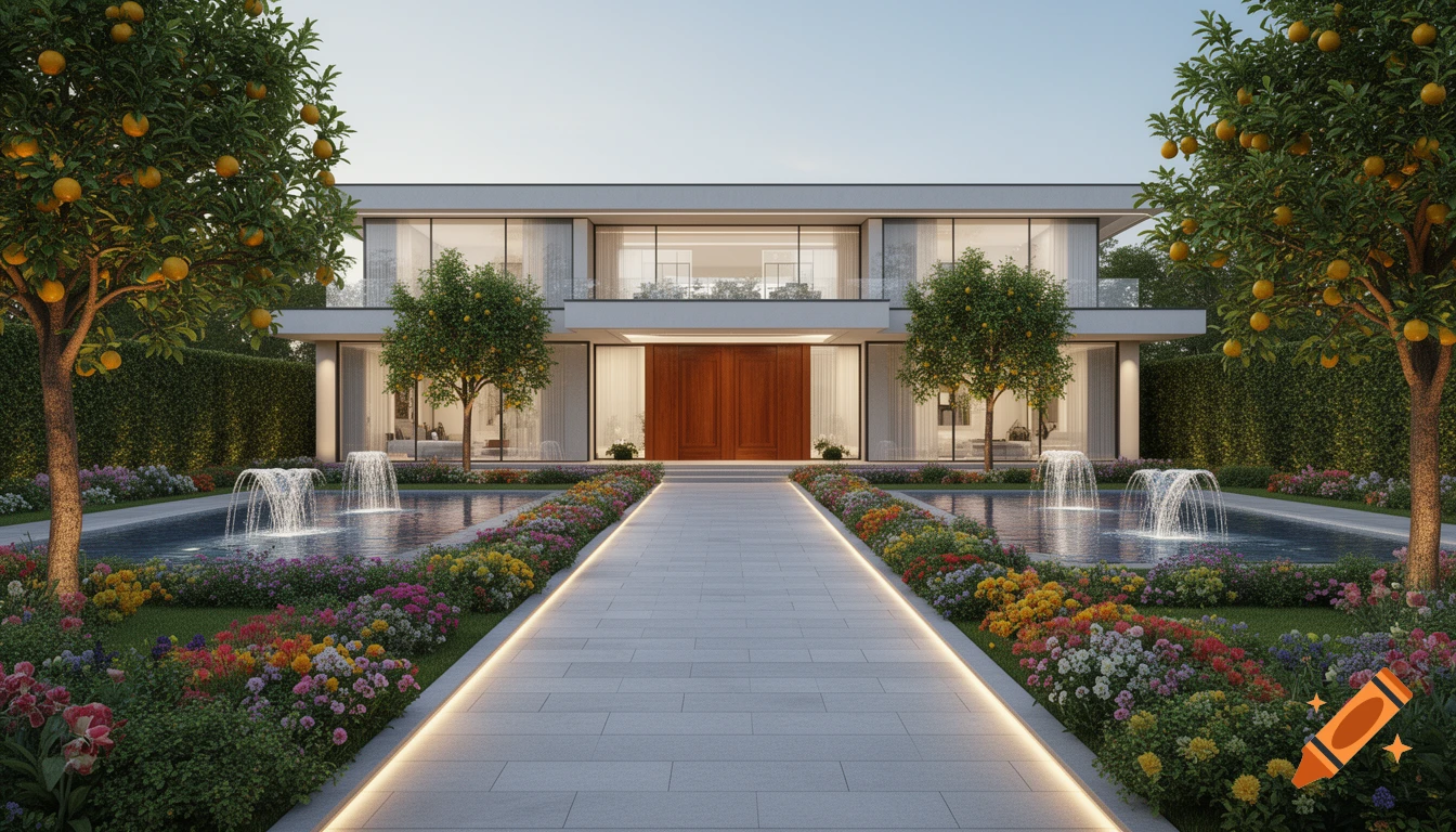 A grand modern villa with a long pathway, two fountains, orange trees, and colorful flower beds in a photorealistic garden.