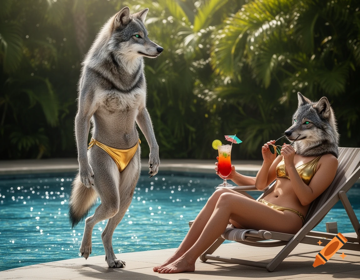 Two anthropomorphic wolves in gold bikinis by a tropical pool. One stands, the other relaxes in a lounge chair with a drink.