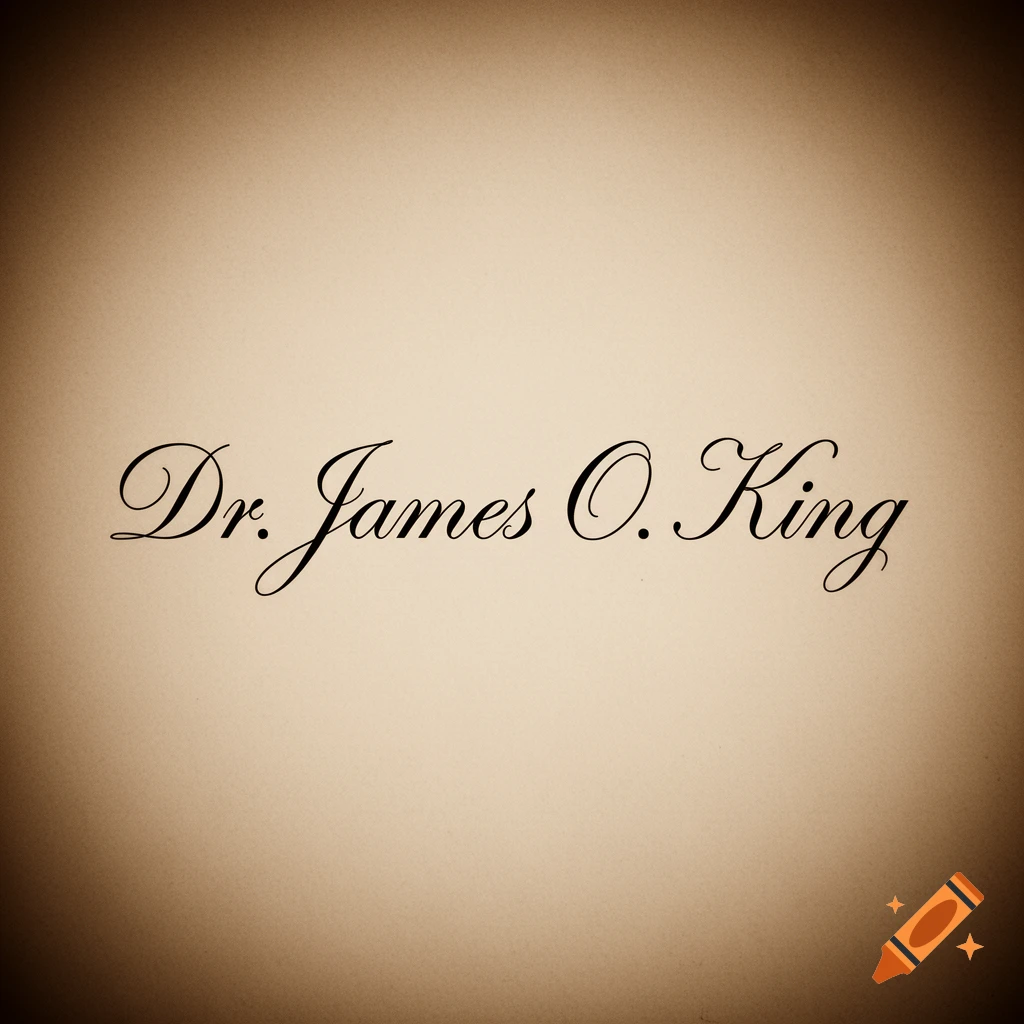 Elegant black script signature "Dr. James O. King" on a warm beige background with a soft vignette.