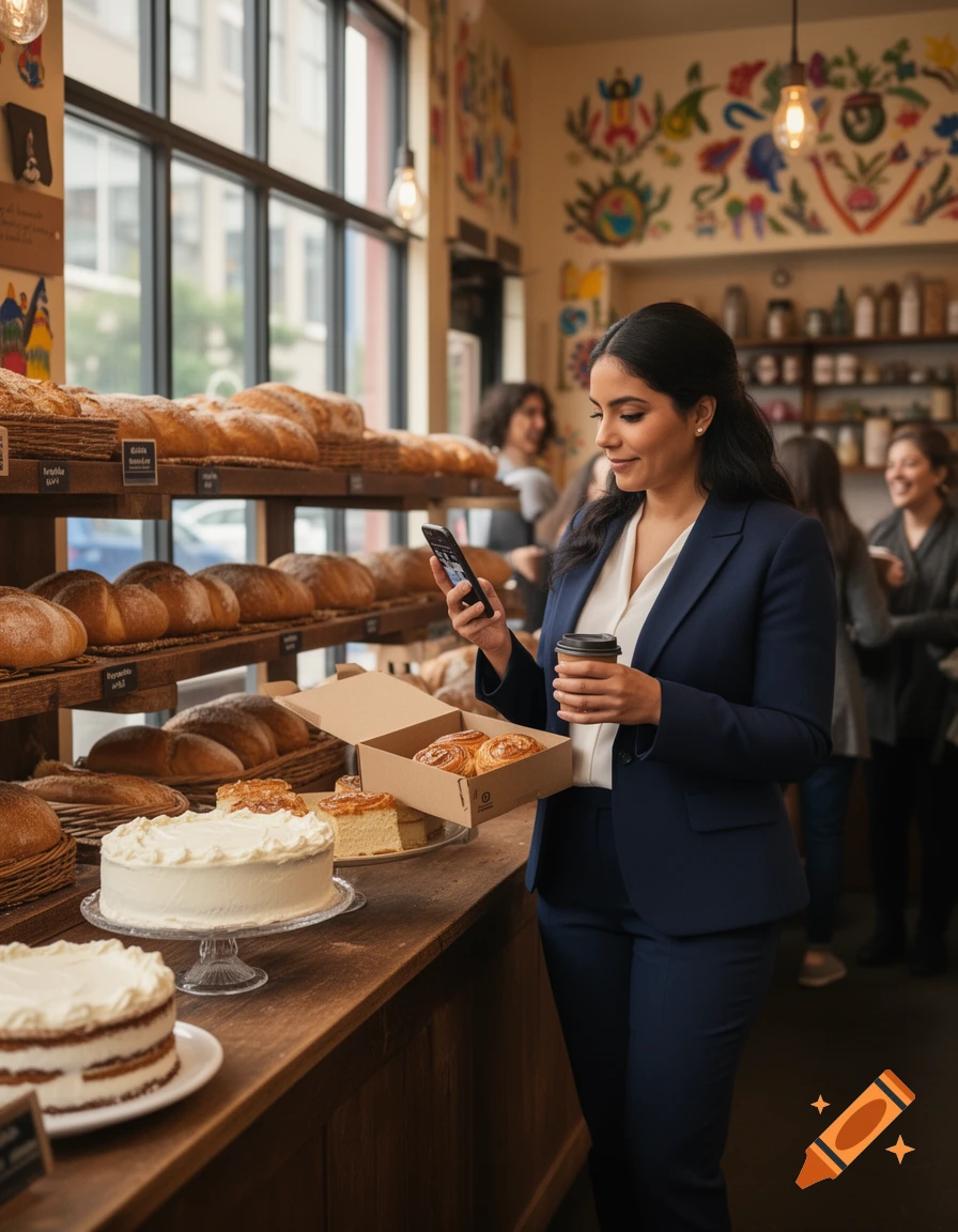 Latina woman in a blue suit holds pastries and coffee, looking at her phone in an authentic Salvadoran bakery with breads and cakes on display.