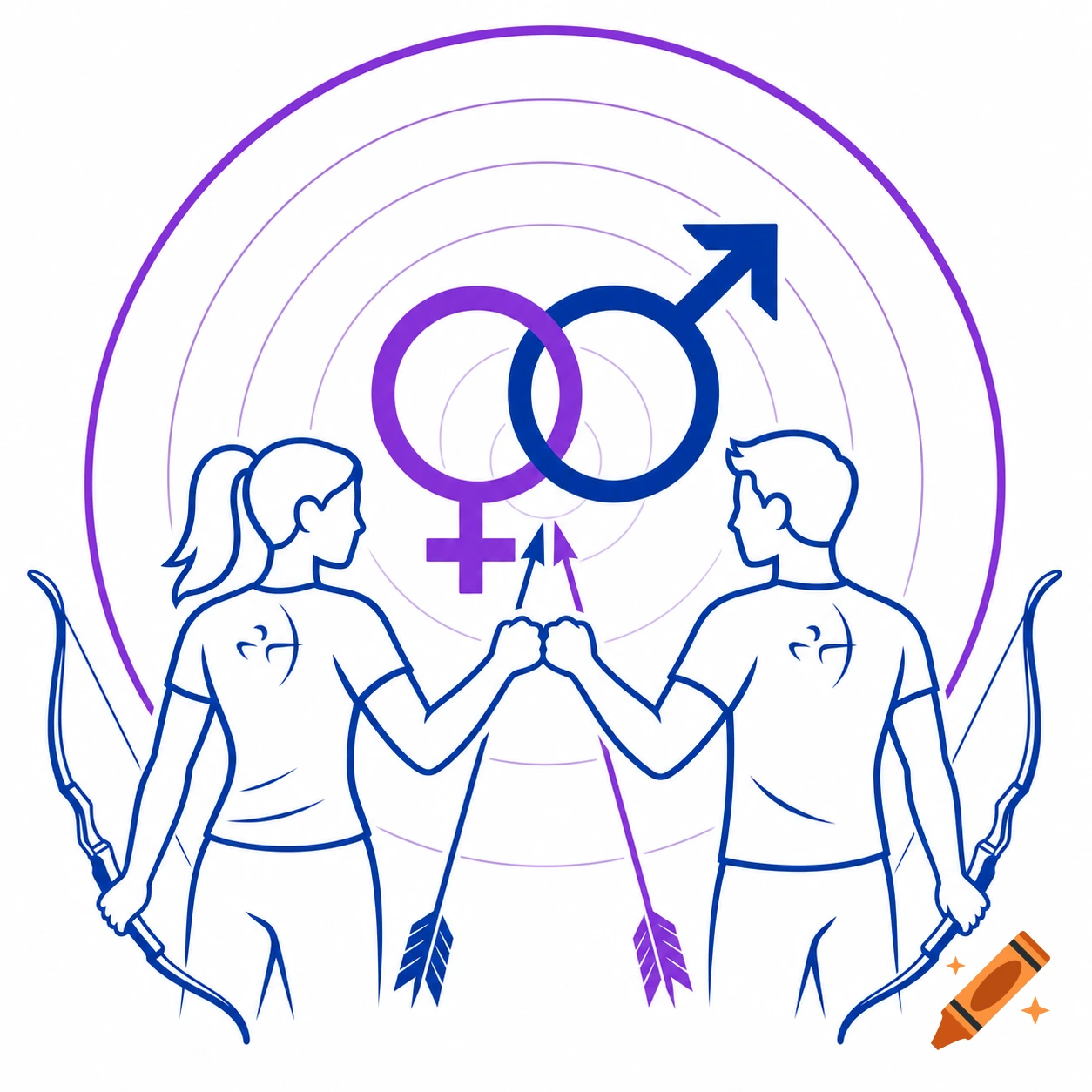 Minimalist line art illustration of a male and female archer fist-bumping, with gender symbols as a target in the background.