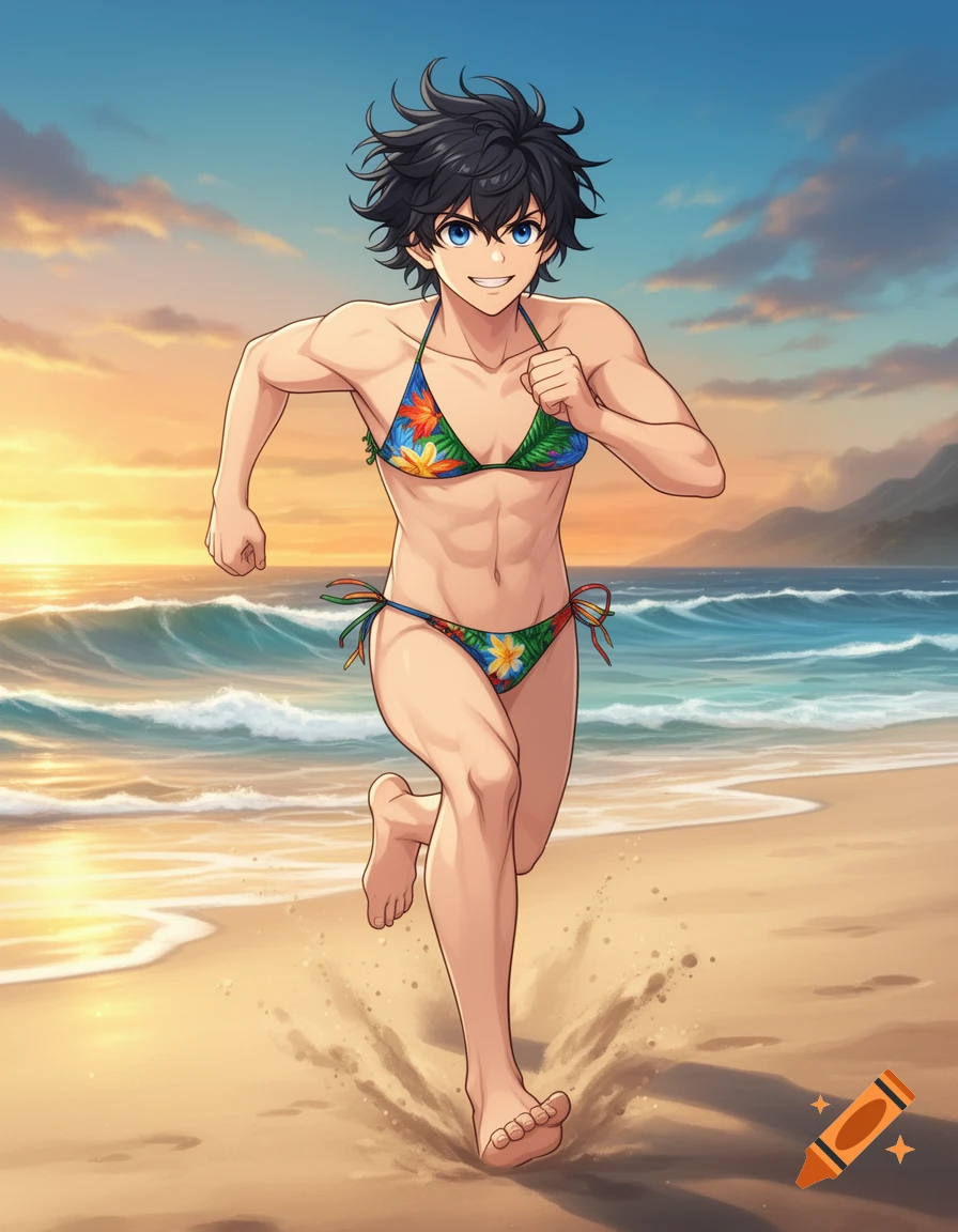 Anime character running on a sandy beach in a colorful bikini against a sunset sky and ocean.