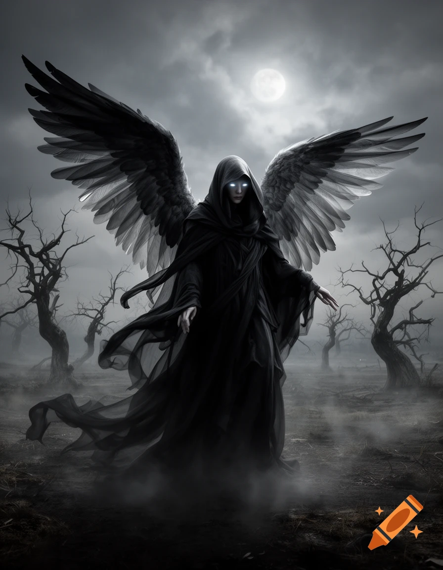 A dark winged angel with glowing eyes stands in a foggy, desolate landscape with bare trees under a full moon.