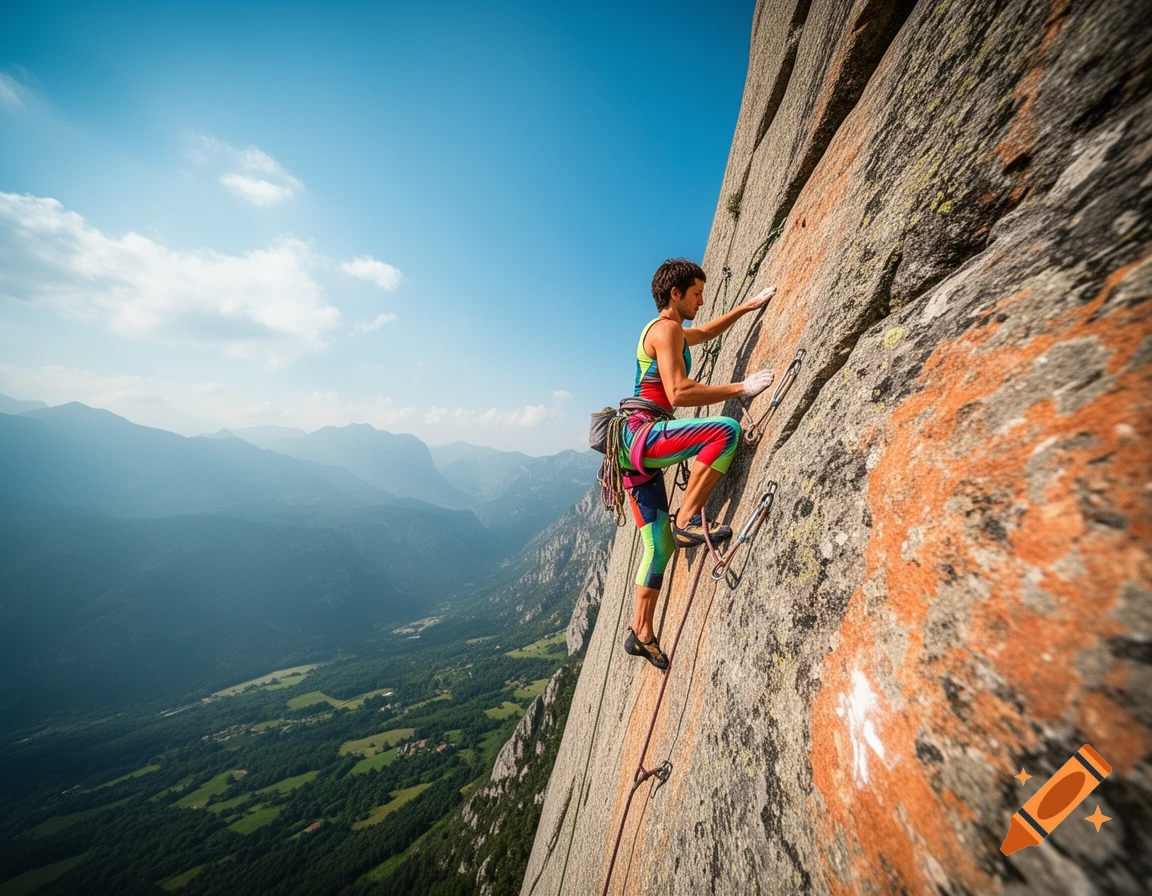 A colorful-clad climber ascends a massive rock face with a vast mountainous landscape below, under a clear blue sky.
