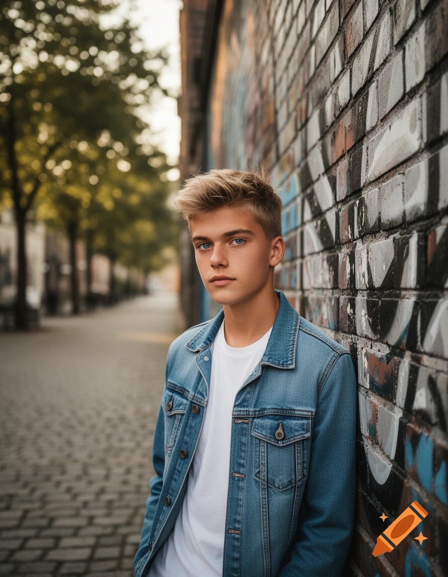 A photorealistic portrait of a fair-haired boy with blue eyes, wearing a denim jacket, leaning against a graffiti-covered brick wall on a city street.