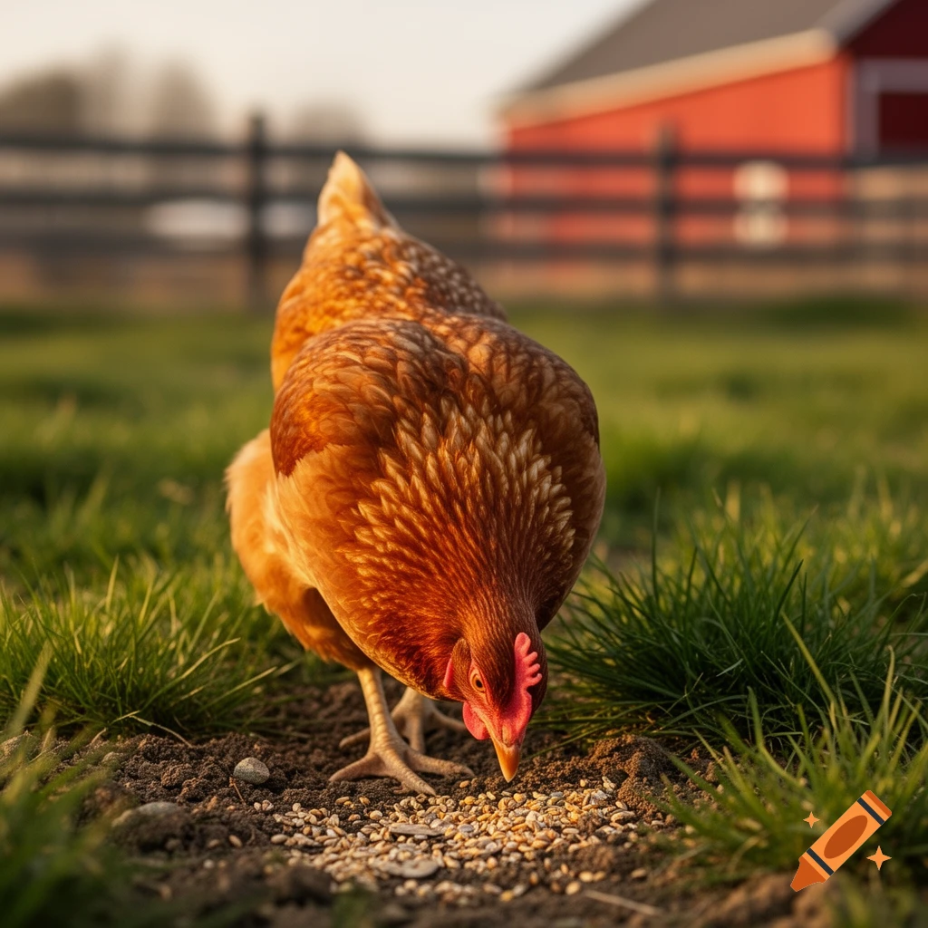 A brown chicken pecking feed from the dirt in a grassy field with a red barn in the blurry background.