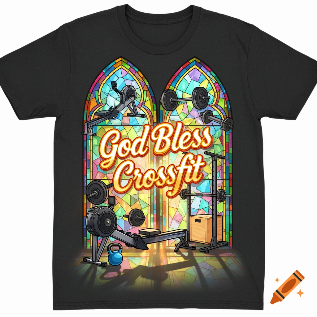 A black T-shirt with a cartoon stained-glass window design featuring CrossFit equipment and the text 'God Bless Crossfit'.