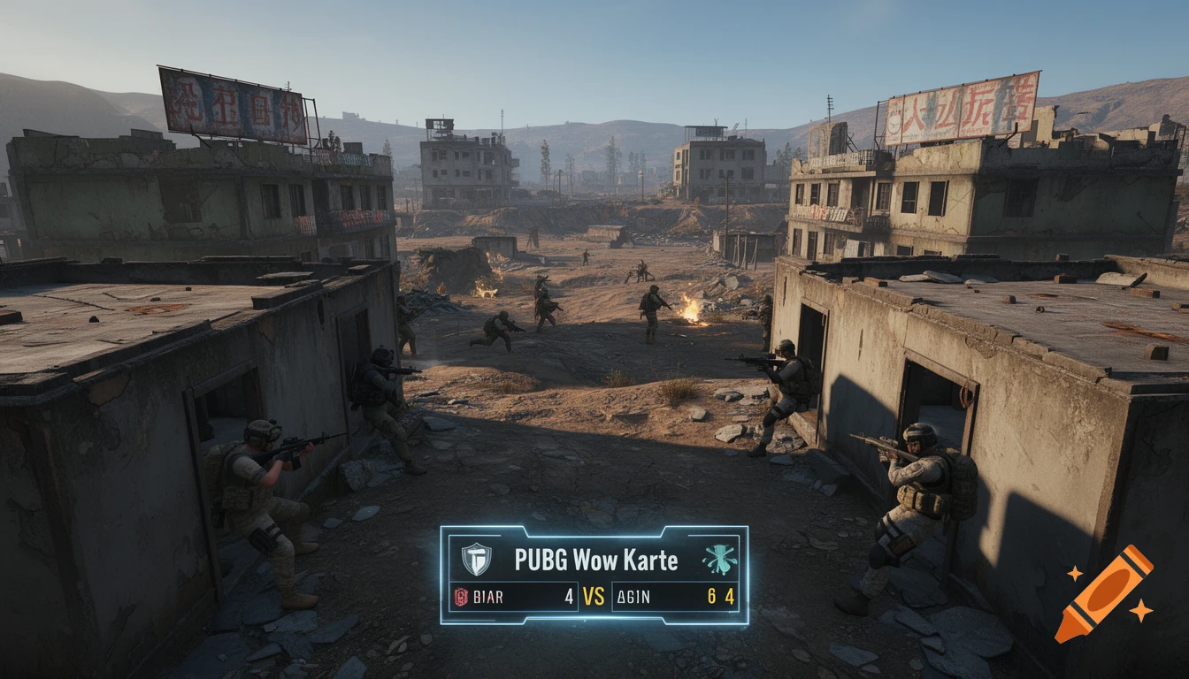 First-person perspective of a PUBG video game scene showing soldiers fighting in a war-torn desert city with an in-game UI overlay.