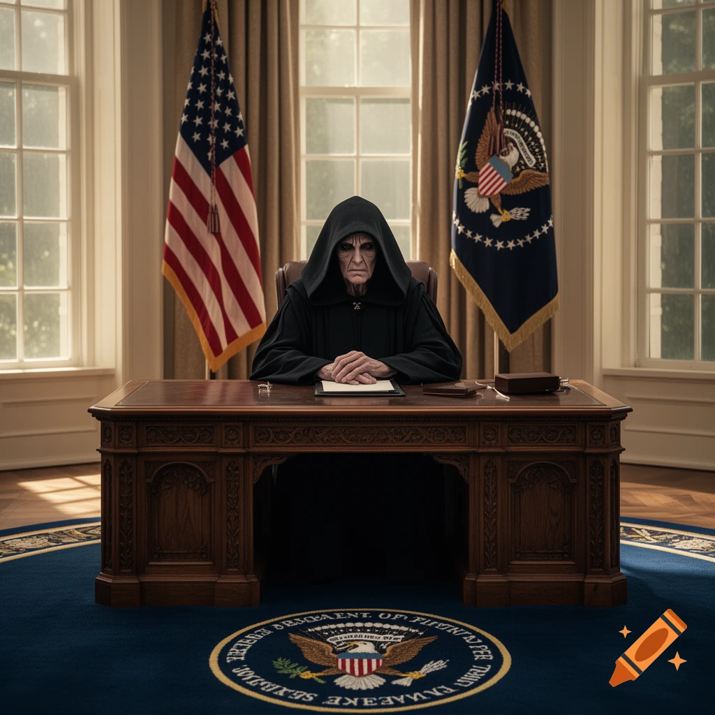 Emperor Palpatine in black robes sits at a desk in the Oval Office, flanked by US flags, in a photorealistic style.