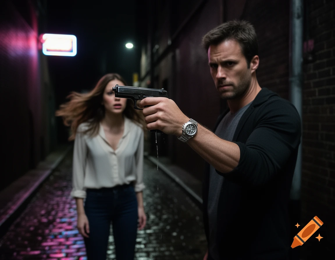A man with a gun points it at a frightened woman in a dark, wet alley, with a neon sign glowing in the background.