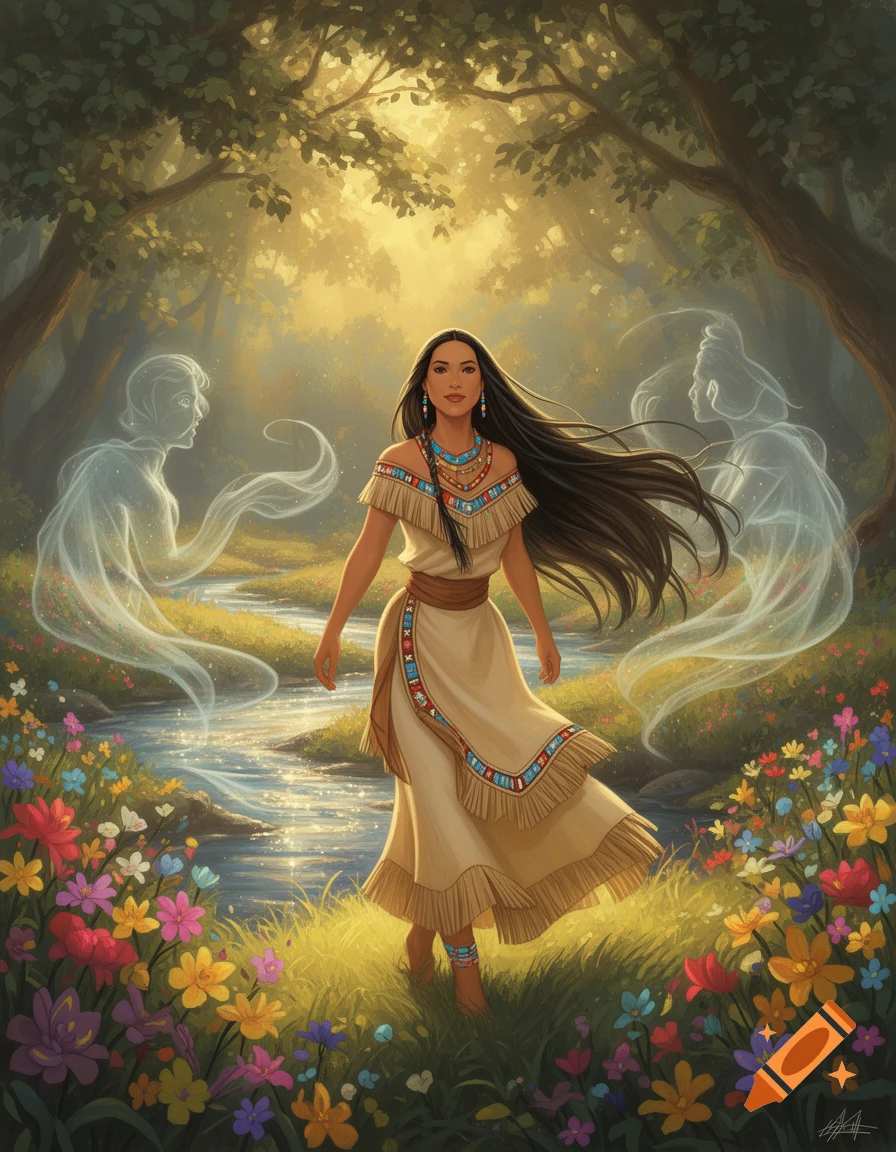A woman in traditional attire with long dark hair walks through a sunlit forest meadow with a sparkling stream and wildflowers, flanked by two ethereal figures. Digital painting.