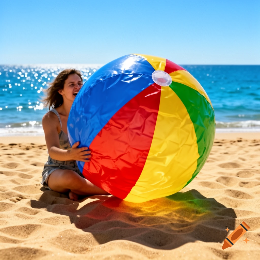 A smiling woman on a sunny beach holds a large colorful beach ball, with the blue ocean and sky in the background.