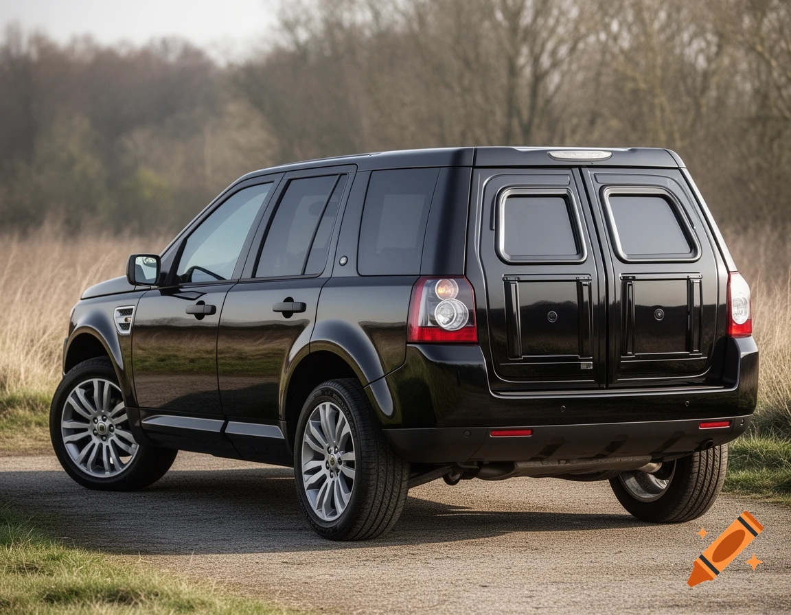 A photorealistic black Land Rover Freelander 2 SUV with custom dual rear barn doors, parked on a dirt road outdoors, viewed from a rear 3/4 angle.