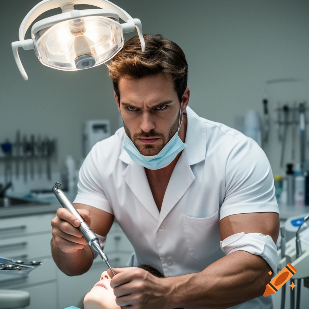 An intense, evil-looking male dentist leans over a patient with a drill in a brightly lit dental office, photorealistic.