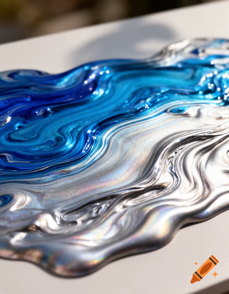 Close-up of swirling metallic blue and silver liquid, creating an abstract, shimmering pattern.