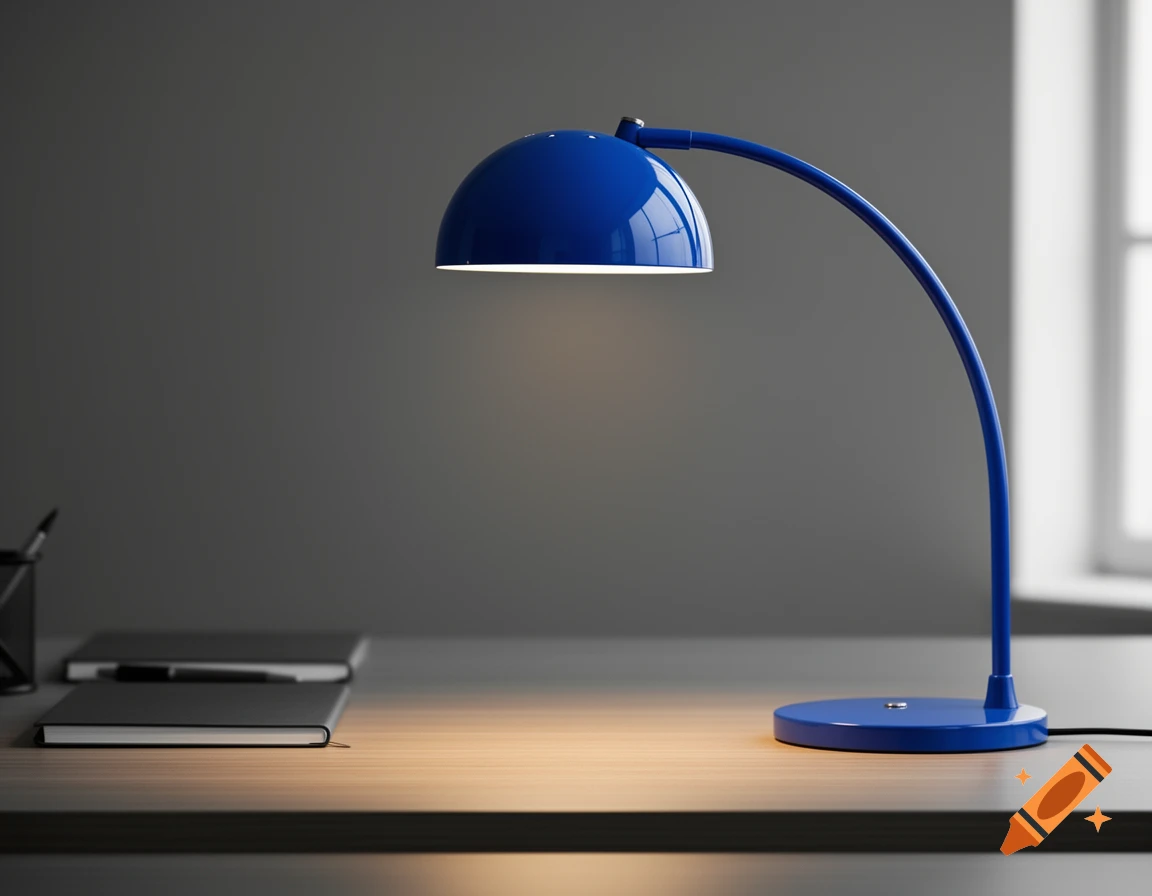 A bright blue dome flexible desk lamp lights up a light wooden desk, with notebooks and a pen holder to the left.