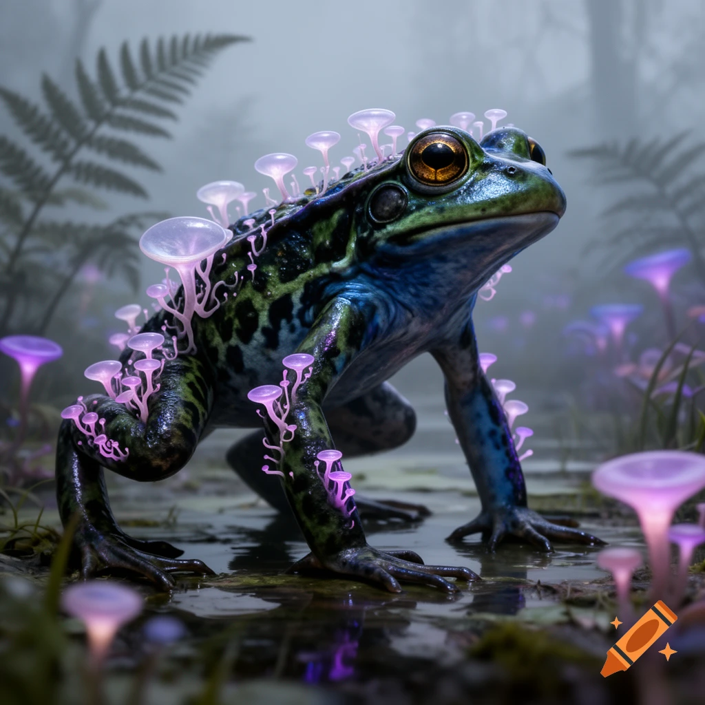 A vibrant green and blue frog covered in glowing pink bioluminescent mushrooms stands in shallow water in a misty forest.