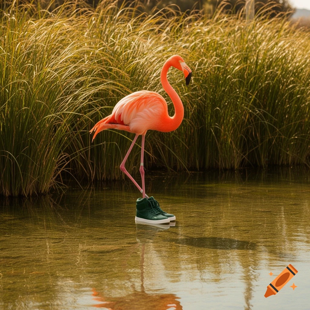 A photorealistic flamingo stands in shallow water wearing dark green high-top sneakers, with golden tall grass in the background.