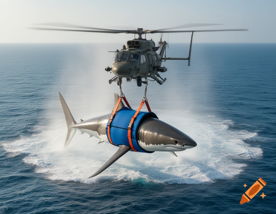 A military helicopter lifts a great white shark in a blue harness over a blue ocean, creating a splash.