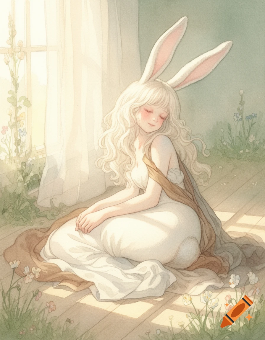 Dreamy painting of a blonde-haired bunny girl with closed eyes, curled on a sunlit wooden floor with scattered flowers.