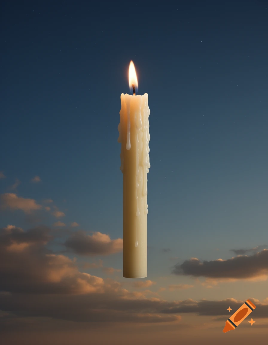 A cream-colored dripping candle floats vertically in a blue sky with soft, orange-tinted clouds.
