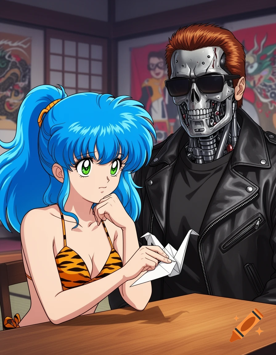 Anime character Lum from Urusei Yatsura with blue hair makes an origami crane next to the Terminator, an android in a leather jacket.