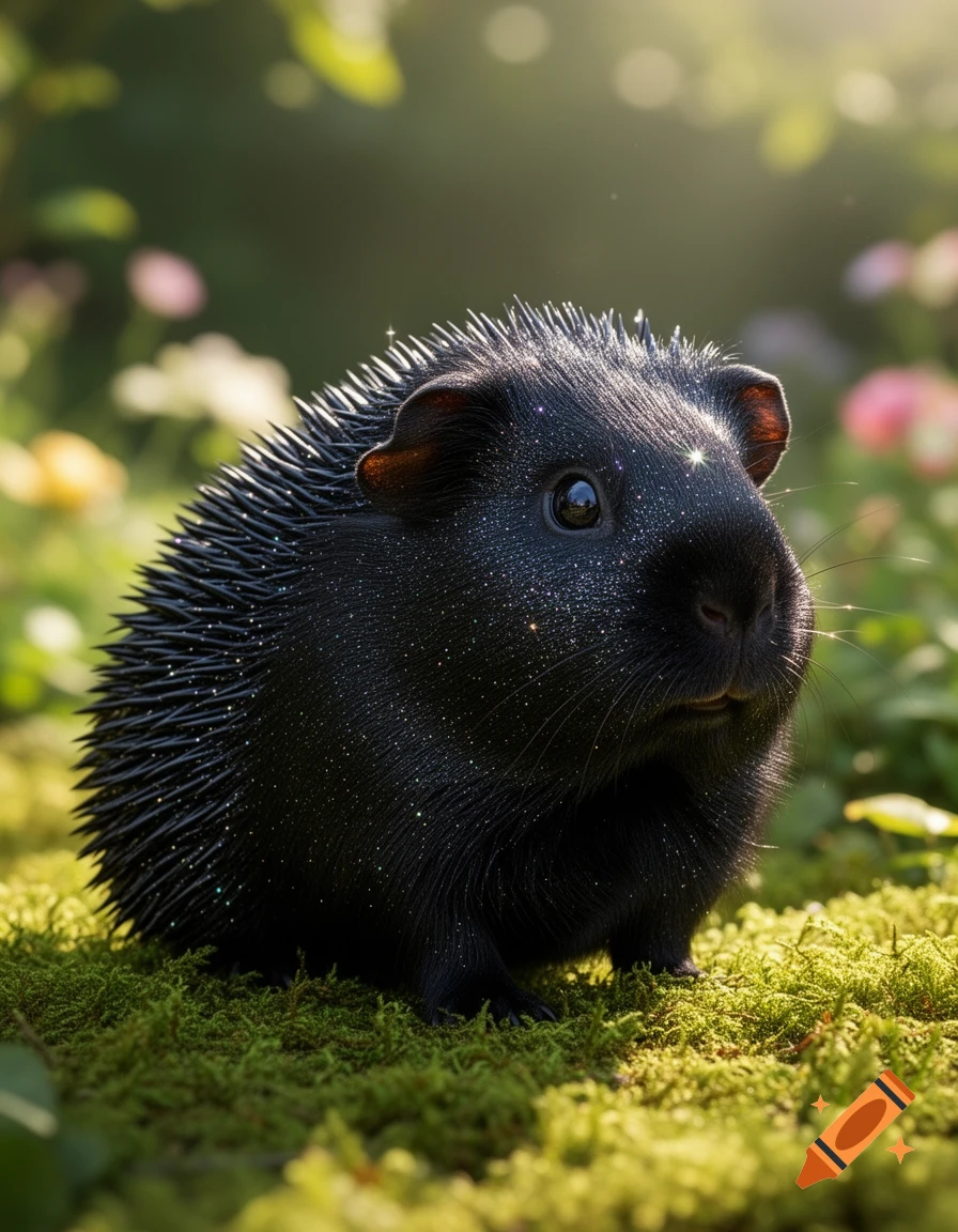 A glittery black hedgehog-guinea pig hybrid sits on green moss in a sun-dappled garden.