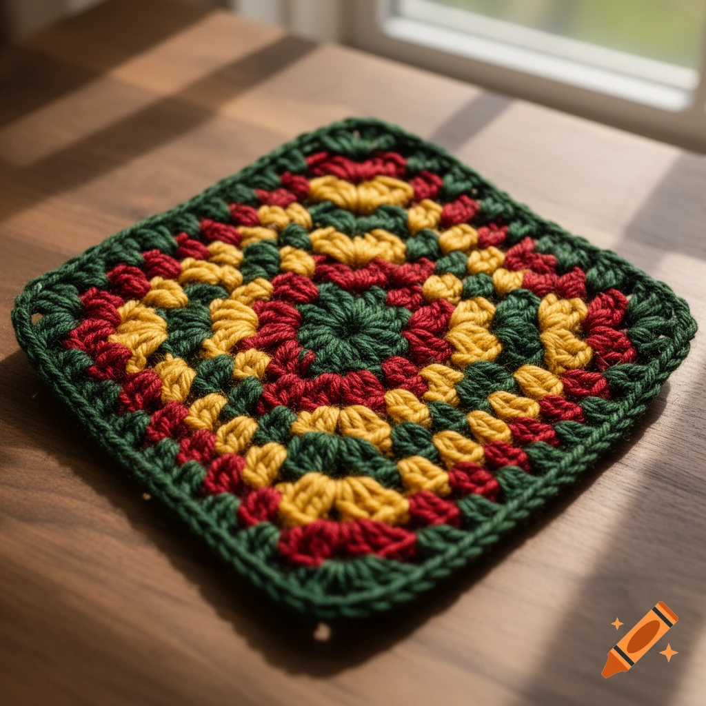 Close-up of a crocheted granny square in red, yellow, and green yarn on a wooden table.