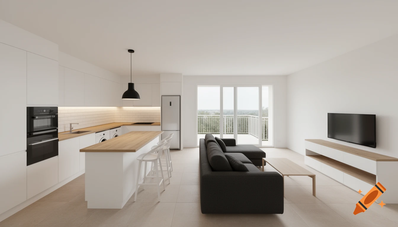 A modern open-plan kitchen and living room with white cabinets, oak countertops, a dark grey L-shaped sofa, and a balcony.