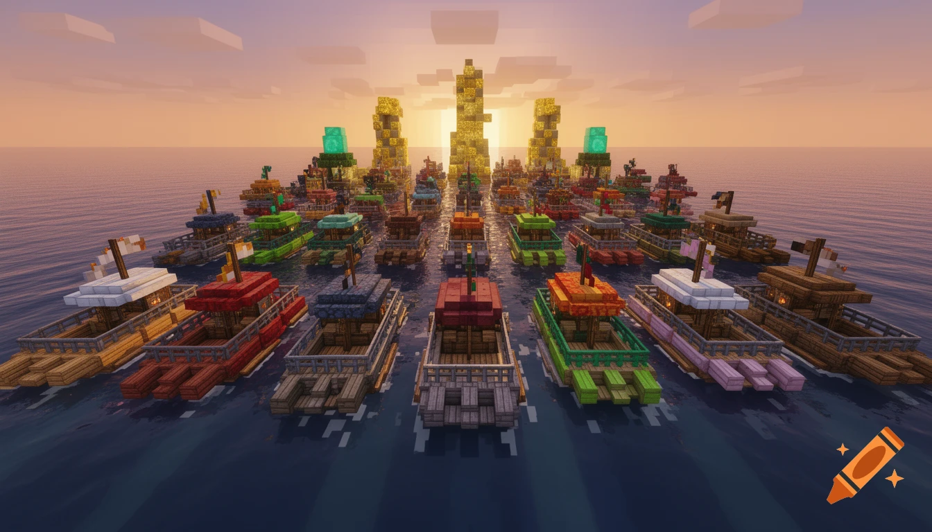 A Minecraft-style armada of colorful paddle boats on water at sunset, with golden block structures in the background.