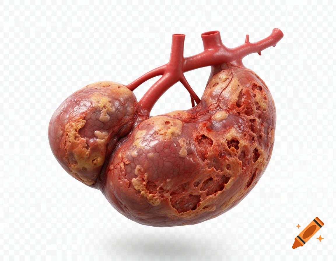 Photorealistic 3D rendering of a human gallbladder with necrotizing cholecystitis, showing severe tissue damage and connected vessels.