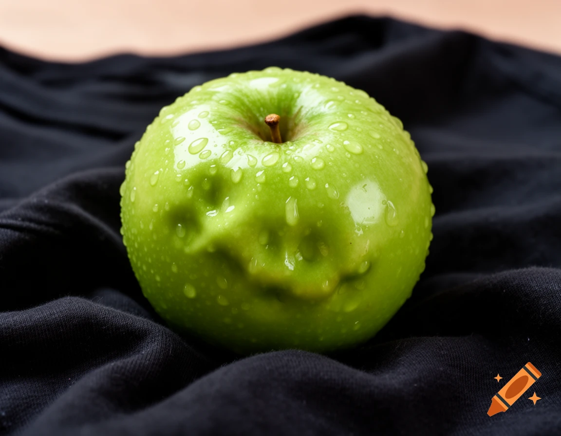 A wet green apple with dents resting on a black fabric background, shot in a close-up, photorealistic style.