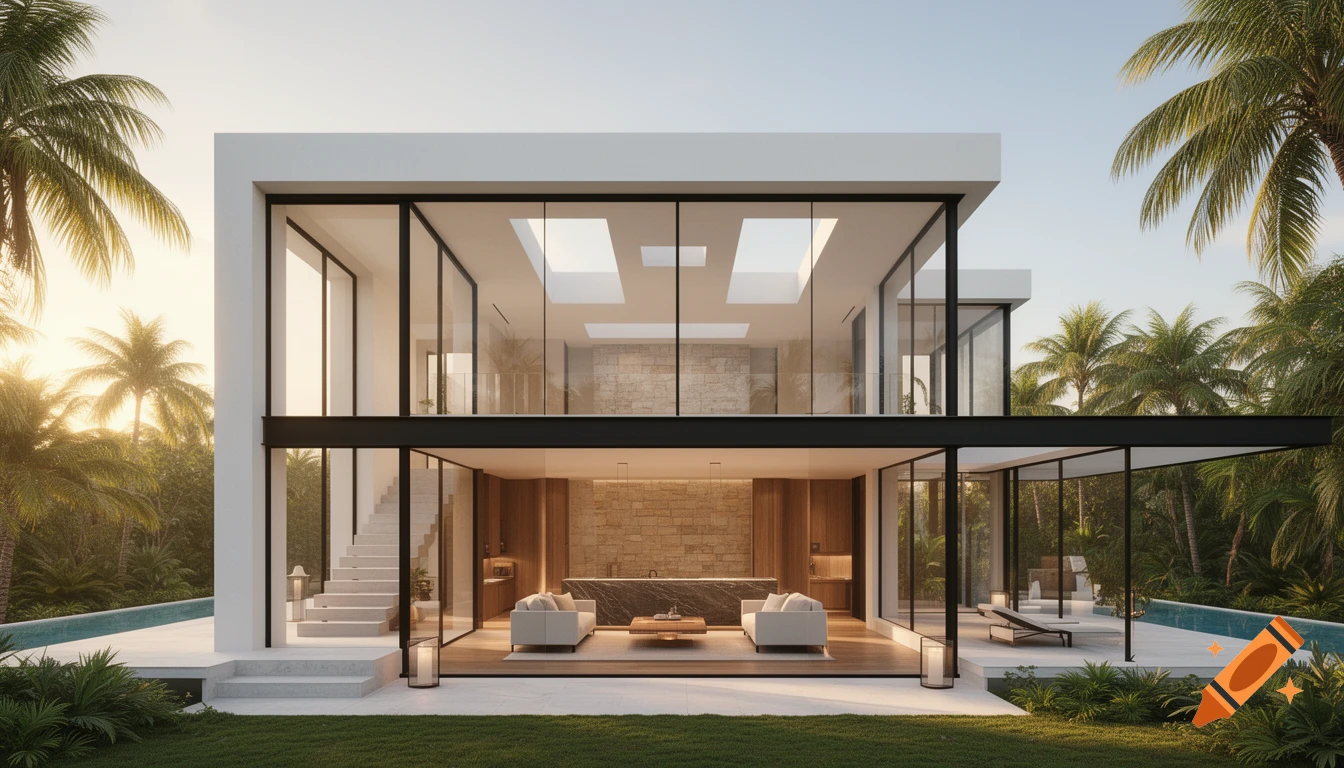 A two-story modern luxury house with glass walls and an infinity pool, surrounded by tropical palm trees at golden hour.