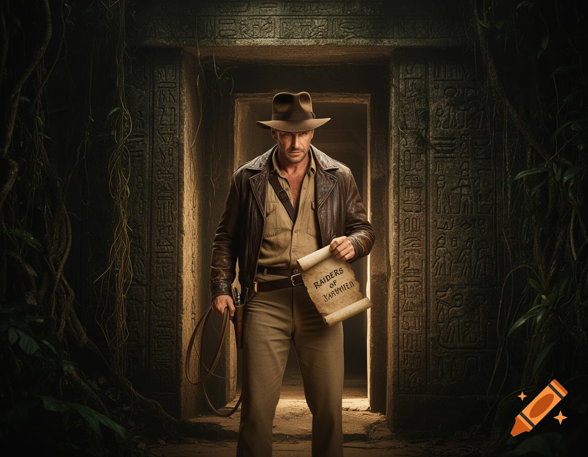 A photorealistic image of a man resembling Indiana Jones holding a scroll and whip, standing before a vine-covered temple entrance.