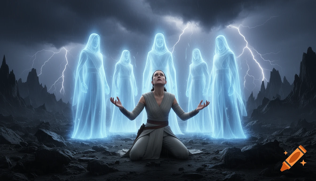 Rey kneels on a dark rocky planet during a lightning storm, surrounded by glowing, blue Force Ghosts, in a cinematic scene.