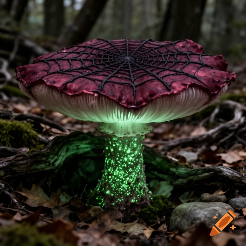 A red mushroom with a black spiderweb pattern glows green on a dark forest floor.