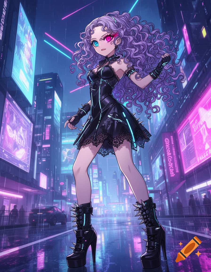 Anime girl with curly purple hair in a black goth dress and spikey boots stands in a neon-lit cyberpunk city.
