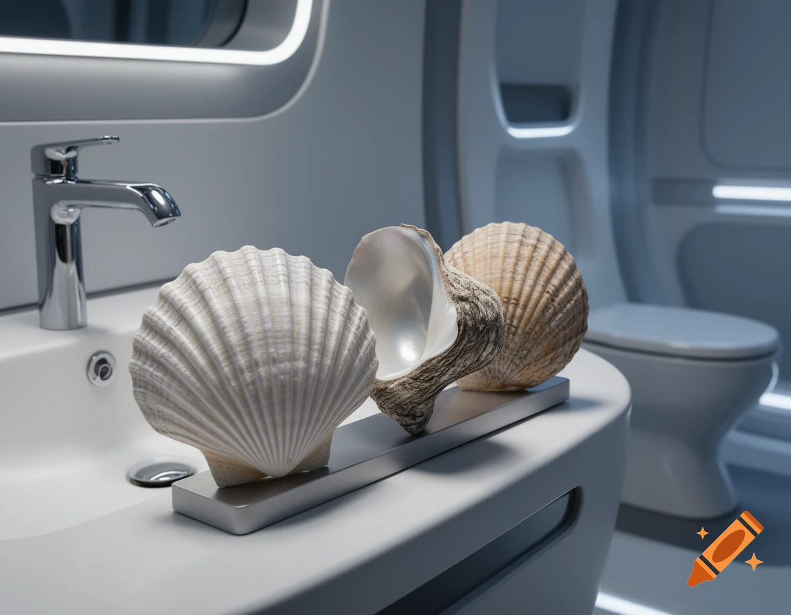 Three distinct seashells rest on a sleek holder beside a futuristic bathroom sink and toilet.