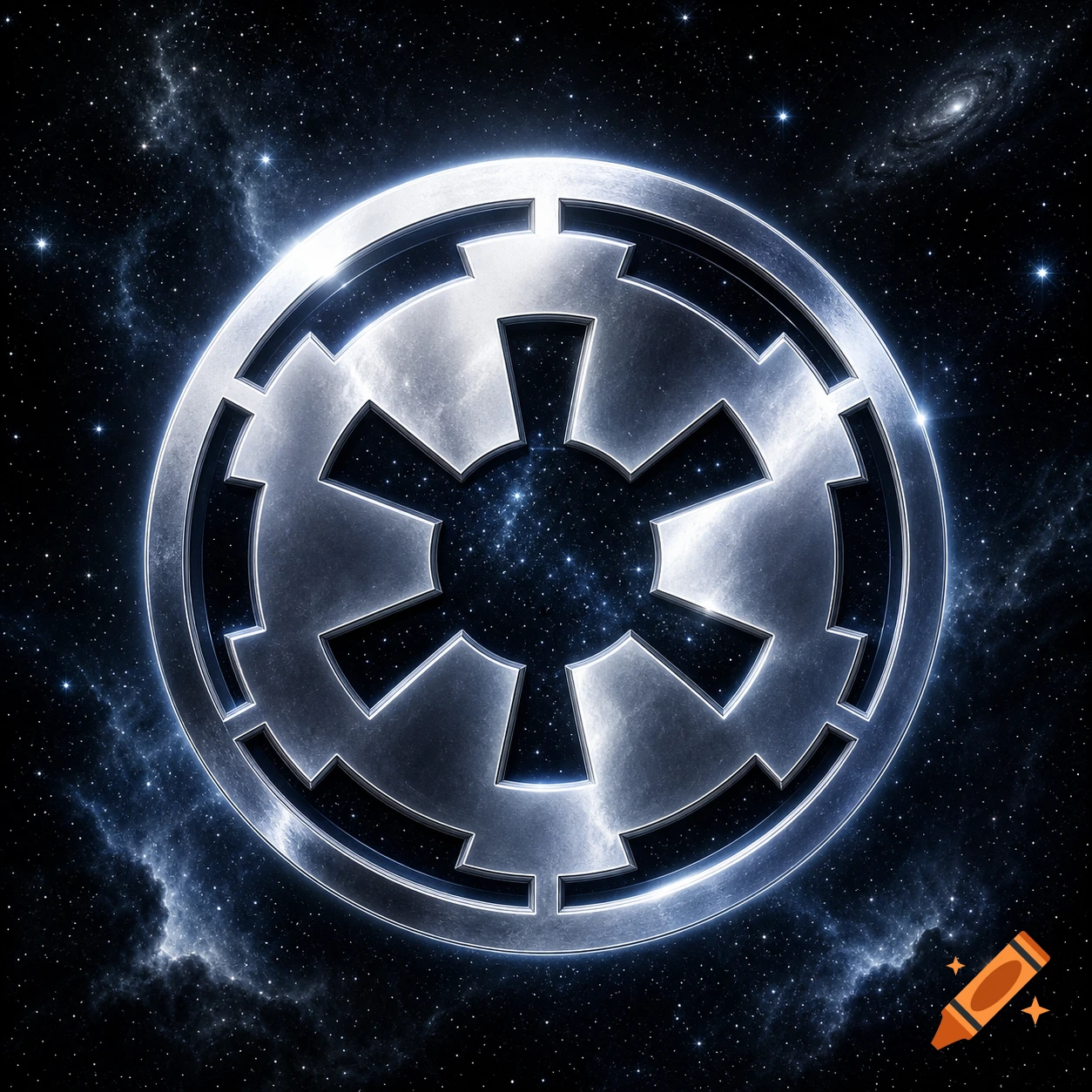 A metallic silver Star Wars Galactic Empire logo against a starry night sky with nebulae.