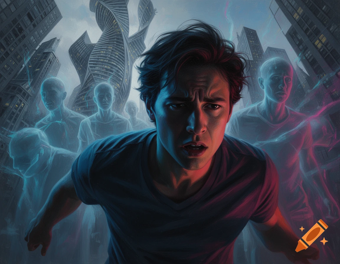 A man with a distressed expression looks forward, surrounded by ghostly figures and twisted skyscrapers in a dark, surreal digital painting.