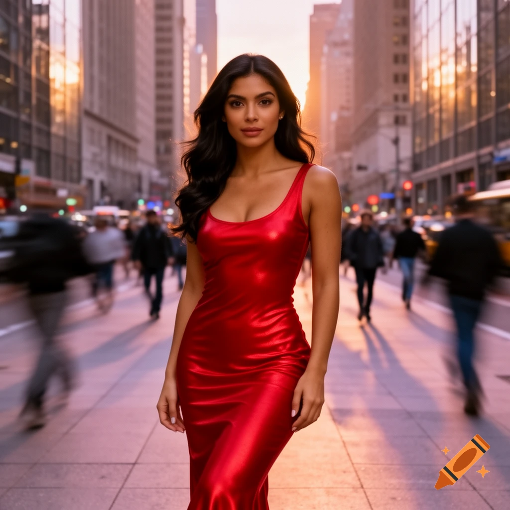 A woman with long dark hair in a shimmering red dress walks down a busy ...